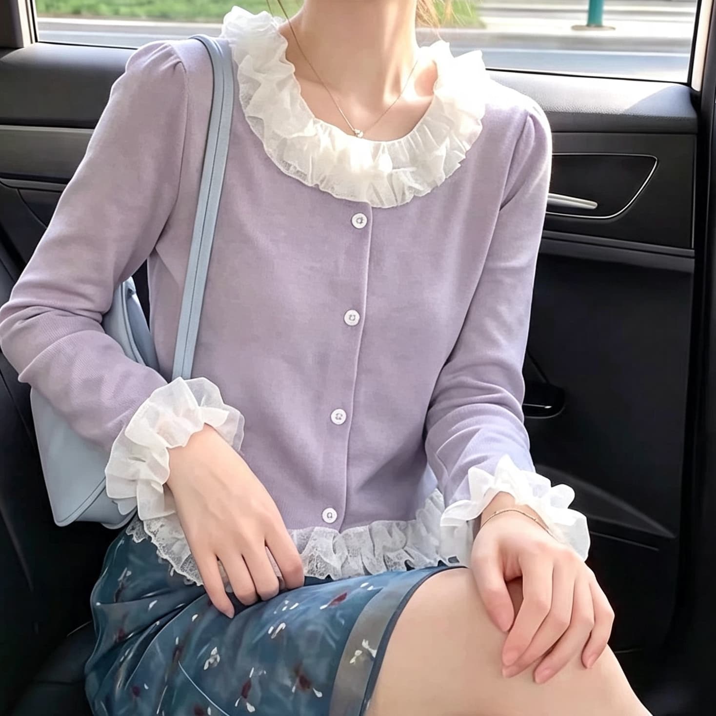 재고 있음 디자인 센스 레이스 칼라 패치워크 라운드 넥 긴팔 오픈 가디건 가을 새로운 고유 한 패션 쇼트 스타일 디자인 센스 맨위