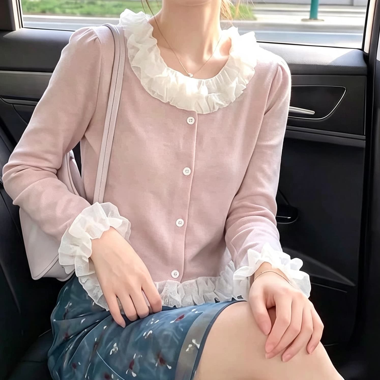 재고 있음 디자인 센스 레이스 칼라 패치워크 라운드 넥 긴팔 오픈 가디건 가을 새로운 고유 한 패션 쇼트 스타일 디자인 센스 맨위 이미지 3