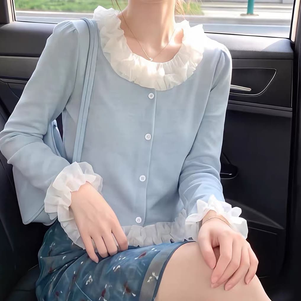 재고 있음 디자인 센스 레이스 칼라 패치워크 라운드 넥 긴팔 오픈 가디건 가을 새로운 고유 한 패션 쇼트 스타일 디자인 센스 맨위 상세 이미지 3