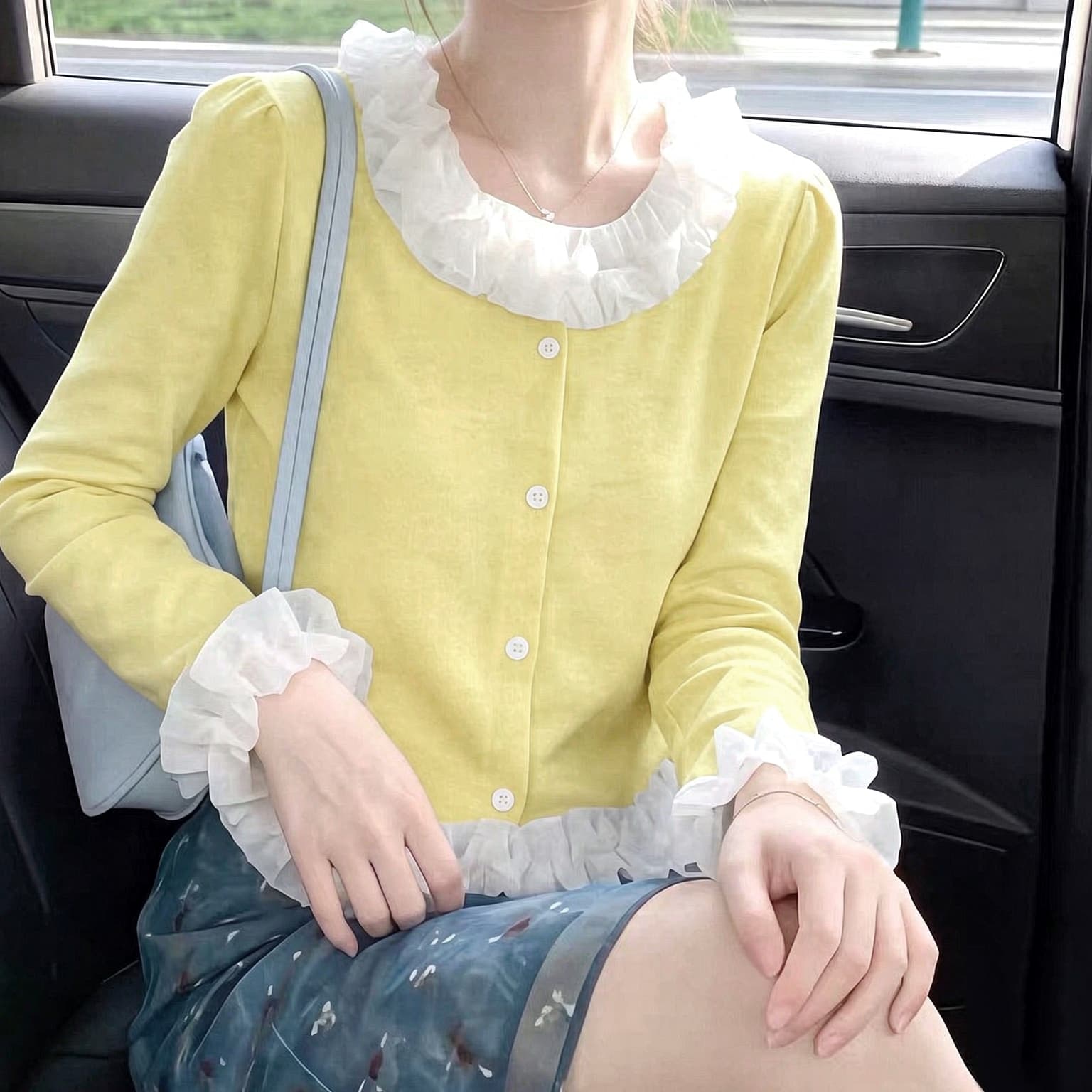 재고 있음 디자인 센스 레이스 칼라 패치워크 라운드 넥 긴팔 오픈 가디건 가을 새로운 고유 한 패션 쇼트 스타일 디자인 센스 맨위 상세 이미지 4