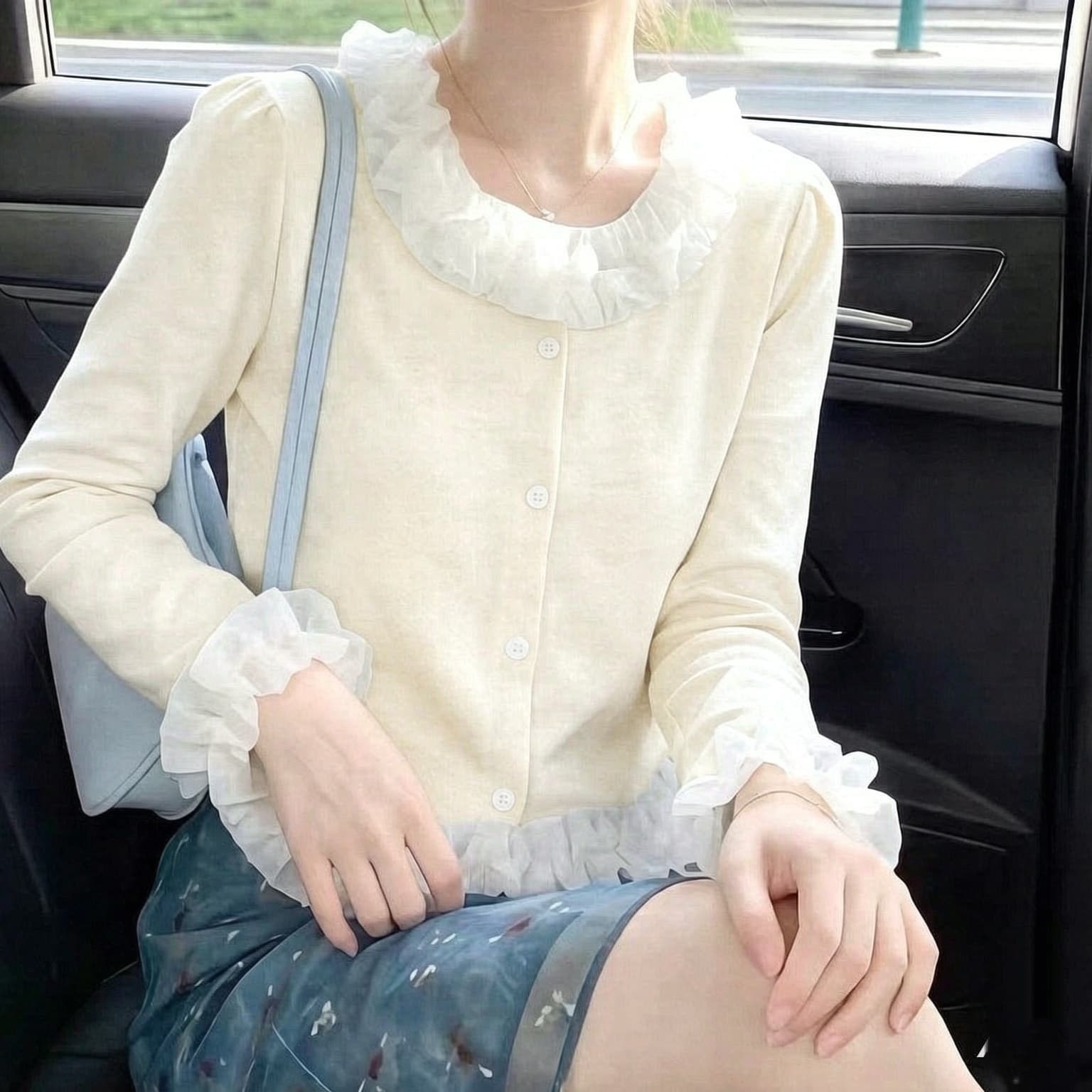 재고 있음 디자인 센스 레이스 칼라 패치워크 라운드 넥 긴팔 오픈 가디건 가을 새로운 고유 한 패션 쇼트 스타일 디자인 센스 맨위 상세 이미지 5