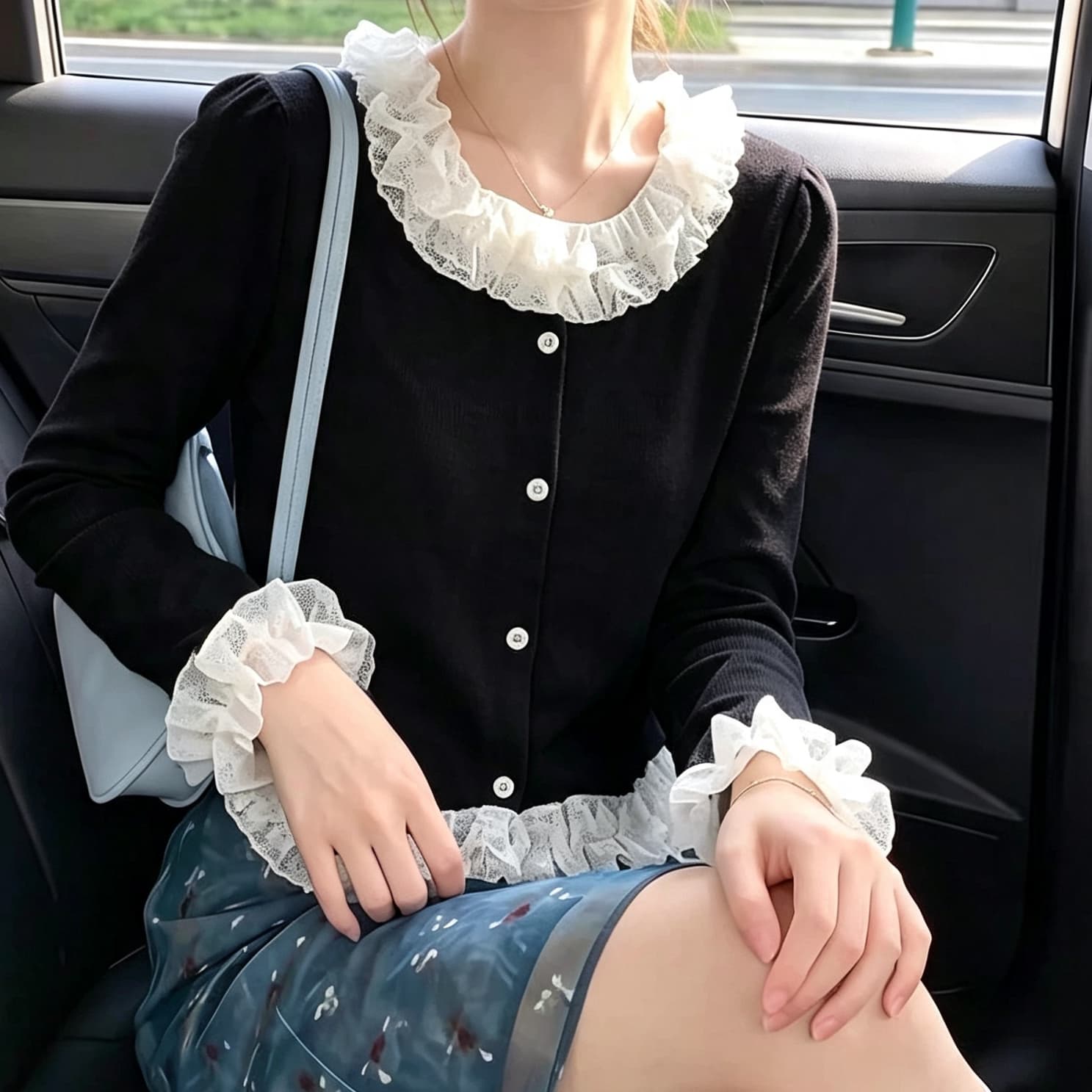 재고 있음 디자인 센스 레이스 칼라 패치워크 라운드 넥 긴팔 오픈 가디건 가을 새로운 고유 한 패션 쇼트 스타일 디자인 센스 맨위 상세 이미지 7
