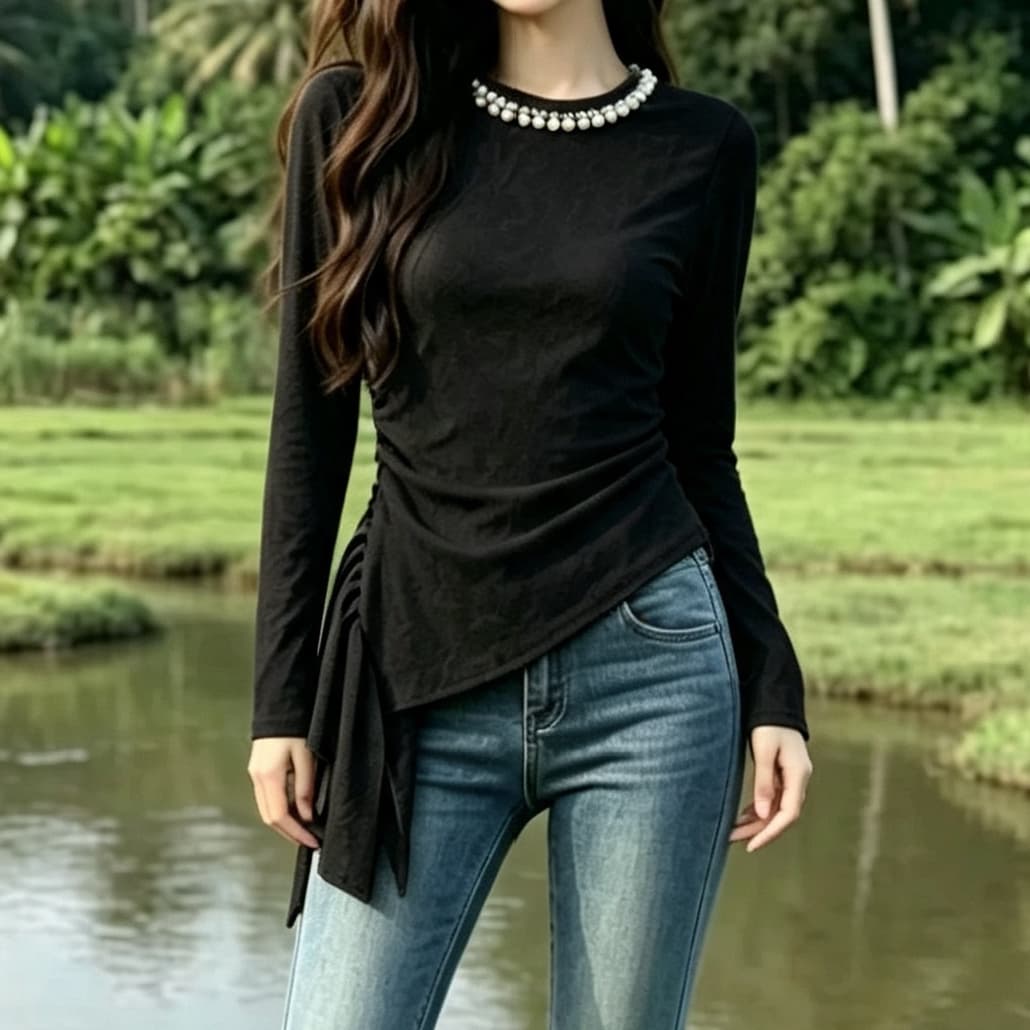 재고 있음 한 부서 부드러운 바람 긴팔 티셔츠 봄 가을 새로운 디자인 센스 비대칭 리본 기본 셔츠 비즈 박기 맨위 이미지 3