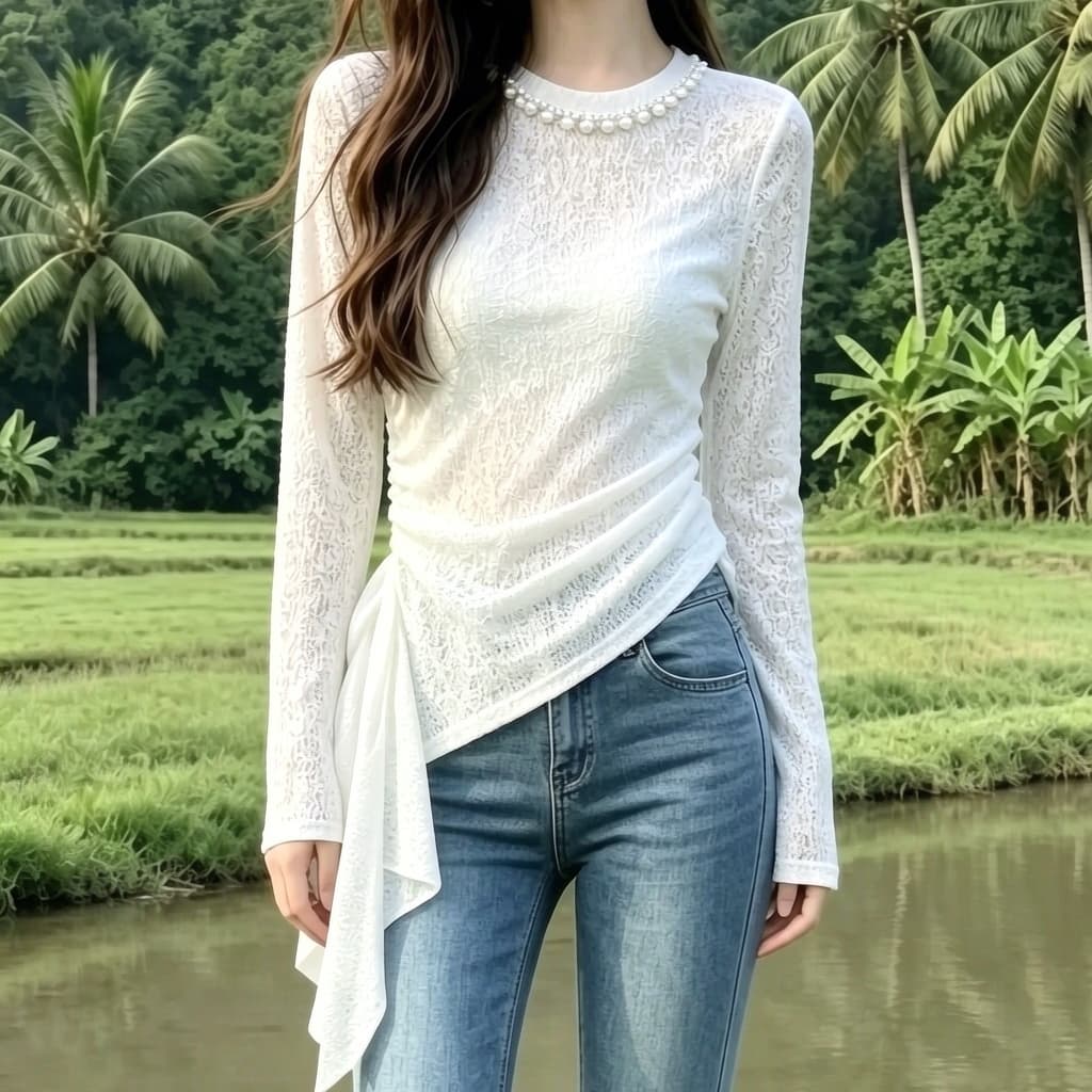 재고 있음 한 부서 부드러운 바람 긴팔 티셔츠 봄 가을 새로운 디자인 센스 비대칭 리본 기본 셔츠 비즈 박기 맨위 이미지 4
