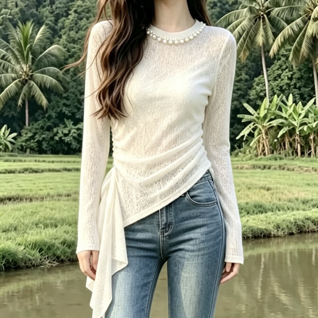 재고 있음 한 부서 부드러운 바람 긴팔 티셔츠 봄 가을 새로운 디자인 센스 비대칭 리본 기본 셔츠 비즈 박기 맨위 상세 이미지 2