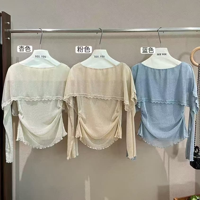재고 있음 디자인 센스 작은 대중 레이스 조각 오프숄더 프릴 여성 셔츠 가을 새로운 프랑스식 부드러운 바람 맨위 이미지 5