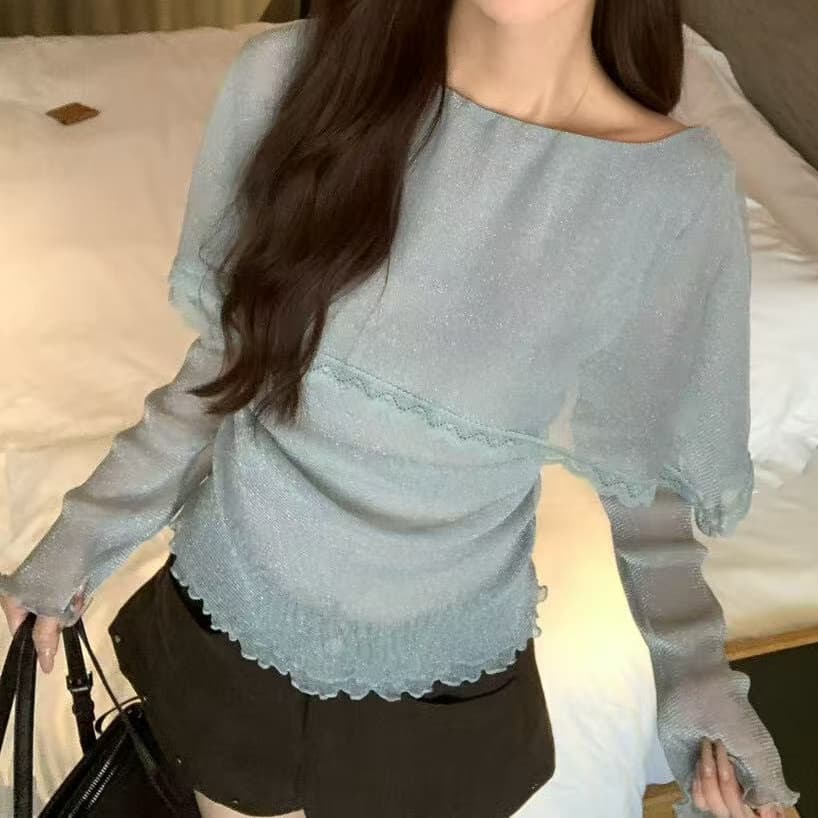 재고 있음 디자인 센스 작은 대중 레이스 조각 오프숄더 프릴 여성 셔츠 가을 새로운 프랑스식 부드러운 바람 맨위 이미지 3