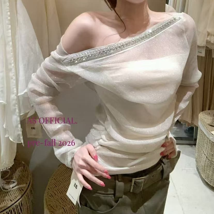 재고 있음 열세 개 여성 의류 가을 한 부서 순수한 욕망 부드러운 페이크 레이어드 좋은 플래시 비스듬한 어깨 핫픽스 작은 셔츠 오프숄더 맨위 이미지 2