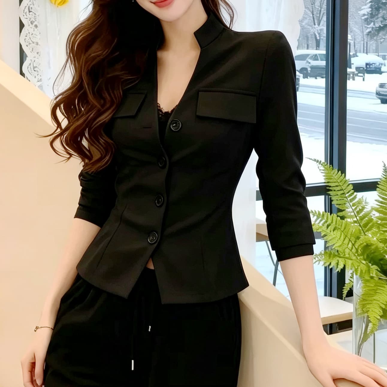 재고 있음 패션 품격 스탠드 칼라 쇼트 스타일 재킷 가을 작은 키 배색 단추 허리 수축 몸매 가꾸기 맨위 신축성 셔츠 이미지 4