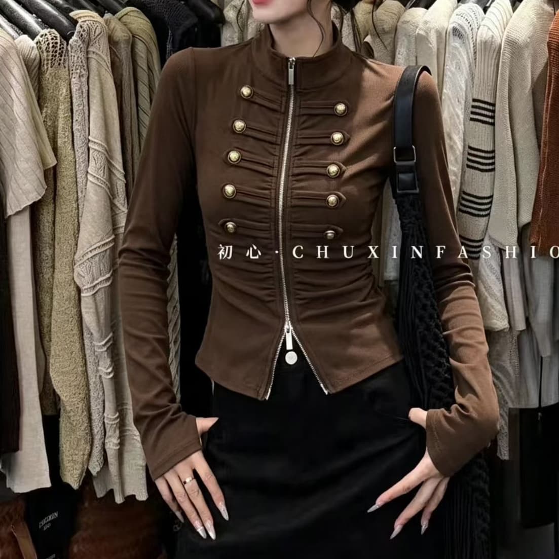 재고 있음 가을 Chic 레트로 스탠드 칼라 지퍼 긴팔 티셔츠 단색 금속 버클 몸매 가꾸기 핫걸 슬림해 보이는 신축성 셔츠 이미지 2