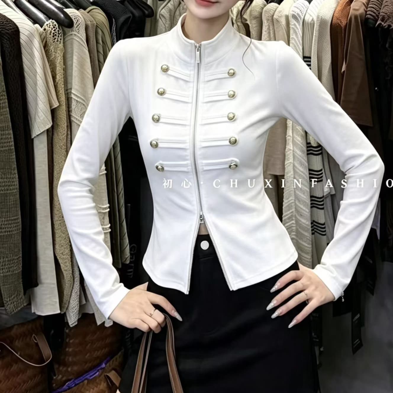 재고 있음 가을 Chic 레트로 스탠드 칼라 지퍼 긴팔 티셔츠 단색 금속 버클 몸매 가꾸기 핫걸 슬림해 보이는 신축성 셔츠 상세 이미지 3