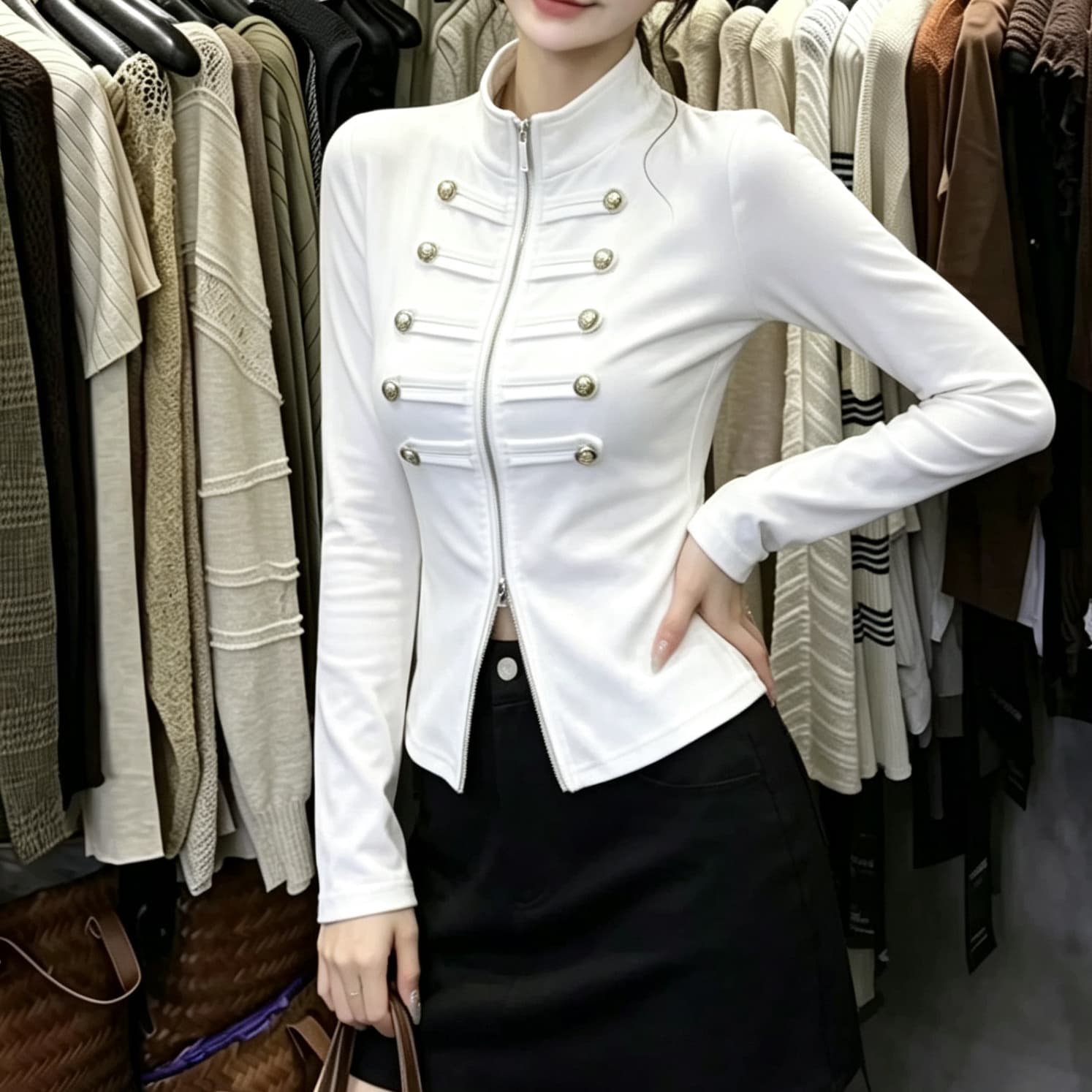 재고 있음 가을 Chic 레트로 스탠드 칼라 지퍼 긴팔 티셔츠 단색 금속 버클 몸매 가꾸기 핫걸 슬림해 보이는 신축성 셔츠 상세 이미지 4