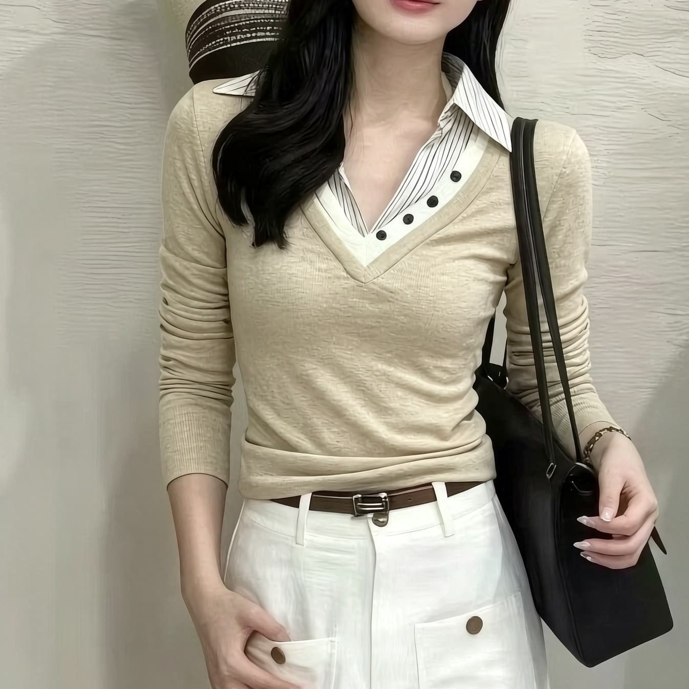 재고 있음 한국 스타일 페이크 레이어드 스트라이프 패치워크 POLO 칼라 니트 스웨터 디자인 센스 출퇴근 다용도 긴팔 티셔츠 맨위 상세 이미지 6