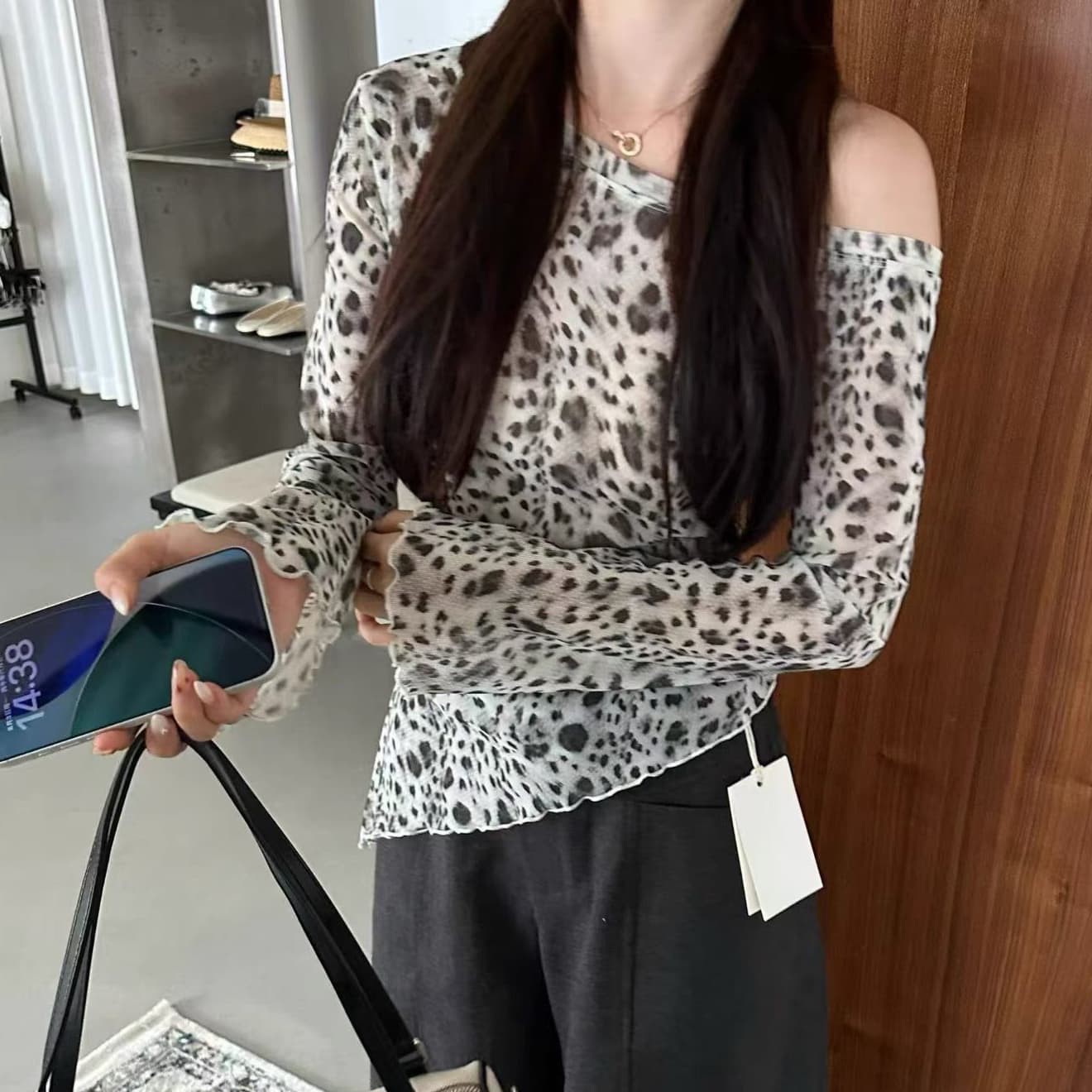 재고 있음 아메리칸 레트로 레오파드 무늬 긴팔 티셔츠 여성 이른 가을 새로운 고유 한 Chic 고급 센스 품격 튀김 거리 의류 이미지 2