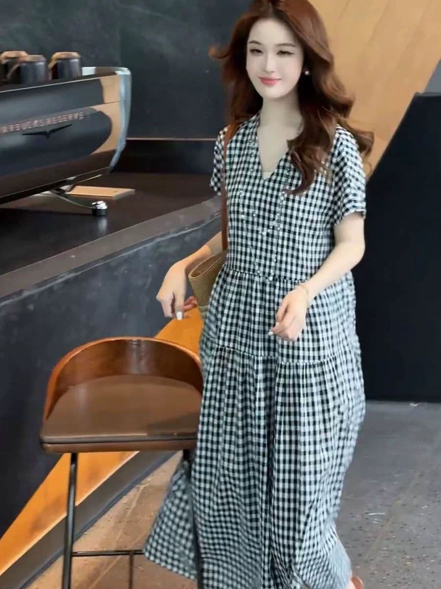 고급 센스 패션 품격 체크무늬 반팔 여성 드레스 2026 새로운 여름 치마 루즈핏 슬림해 보이는 중간 길이 스커트 상세 이미지 4