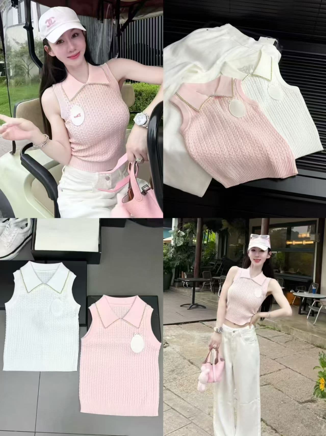 여름 달콤함 POLO 칼라 민소매 니트 조끼 여성 슬림해 보이는 다용도 품격 알파벳 자수 꽈배기 조끼 맨위