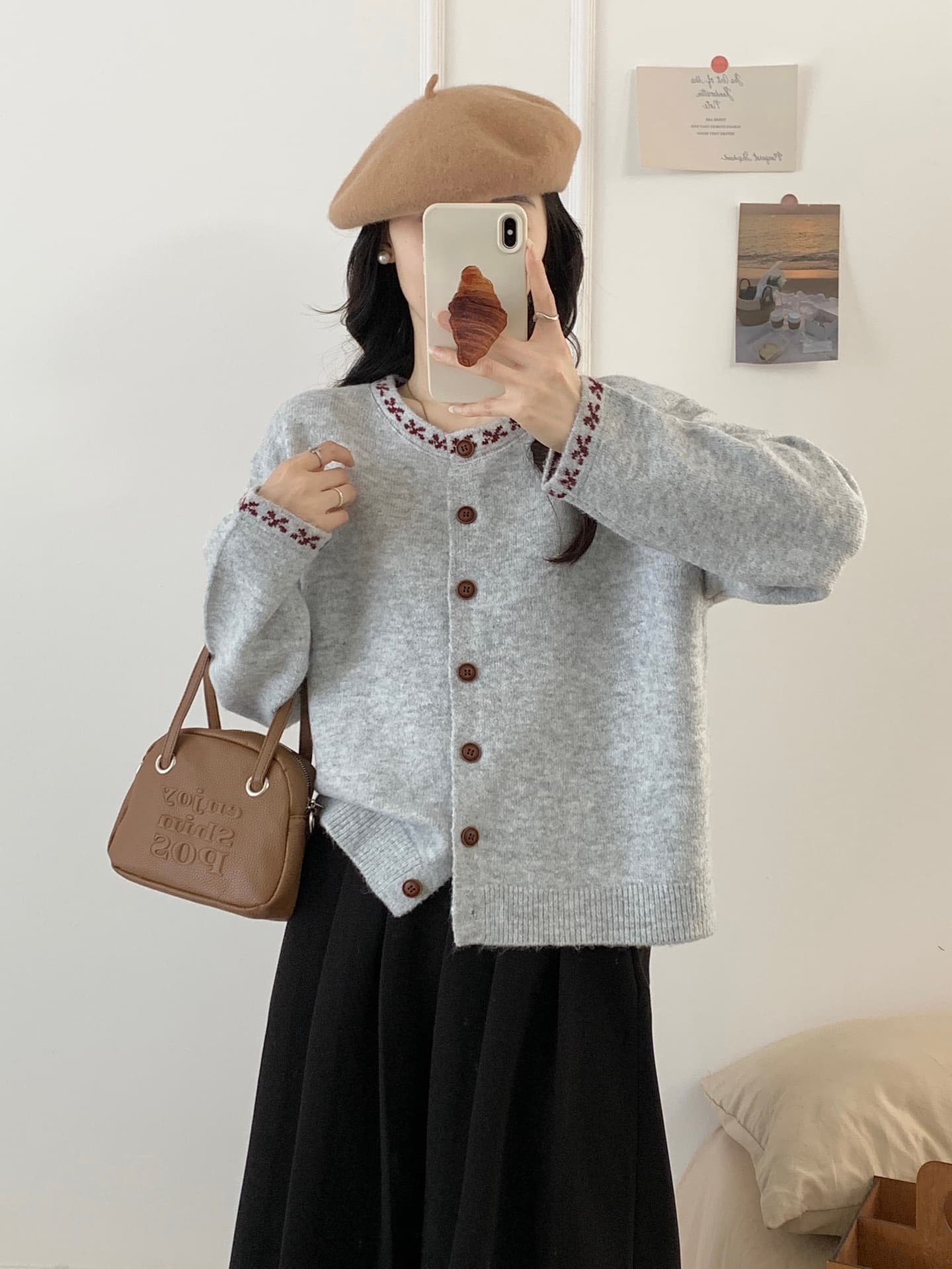 민족 스타일 회색 레트로 니트 오픈 가디건 여성 가을 2026 새로운 루즈핏 스웨터 코트 Chic 외부 잡아라. 의류 상세 이미지 2