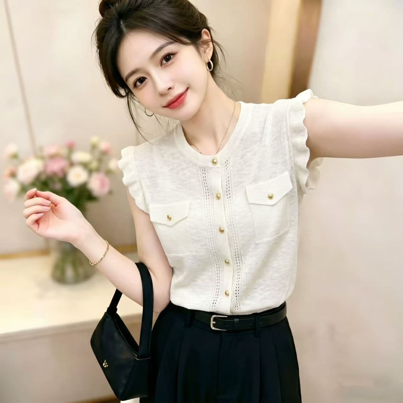 여름 새로운 프릴 작은 날다 소매 싱글 줄 버튼 얇은 스타일 맨위 홀로우 아웃 라운드 넥 품격 다용도 니트 스웨터 오픈 가디건 이미지 3