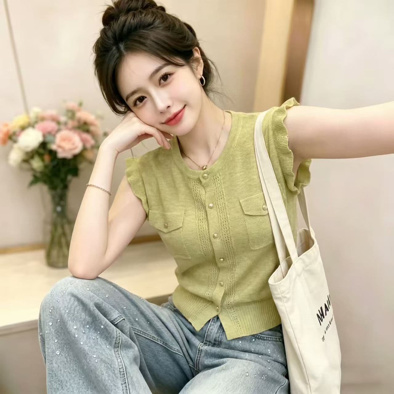 여름 새로운 프릴 작은 날다 소매 싱글 줄 버튼 얇은 스타일 맨위 홀로우 아웃 라운드 넥 품격 다용도 니트 스웨터 오픈 가디건 이미지 4