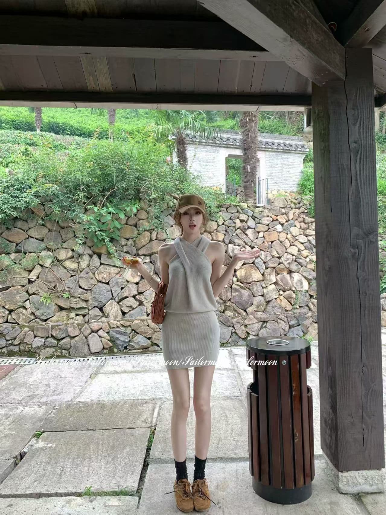 2026 한 부서 새로운 전후 십자가 행침 목 민소매 니트 타이트 스커트 드레스 슬림해 보이는 짧은 치마 상세 이미지 5