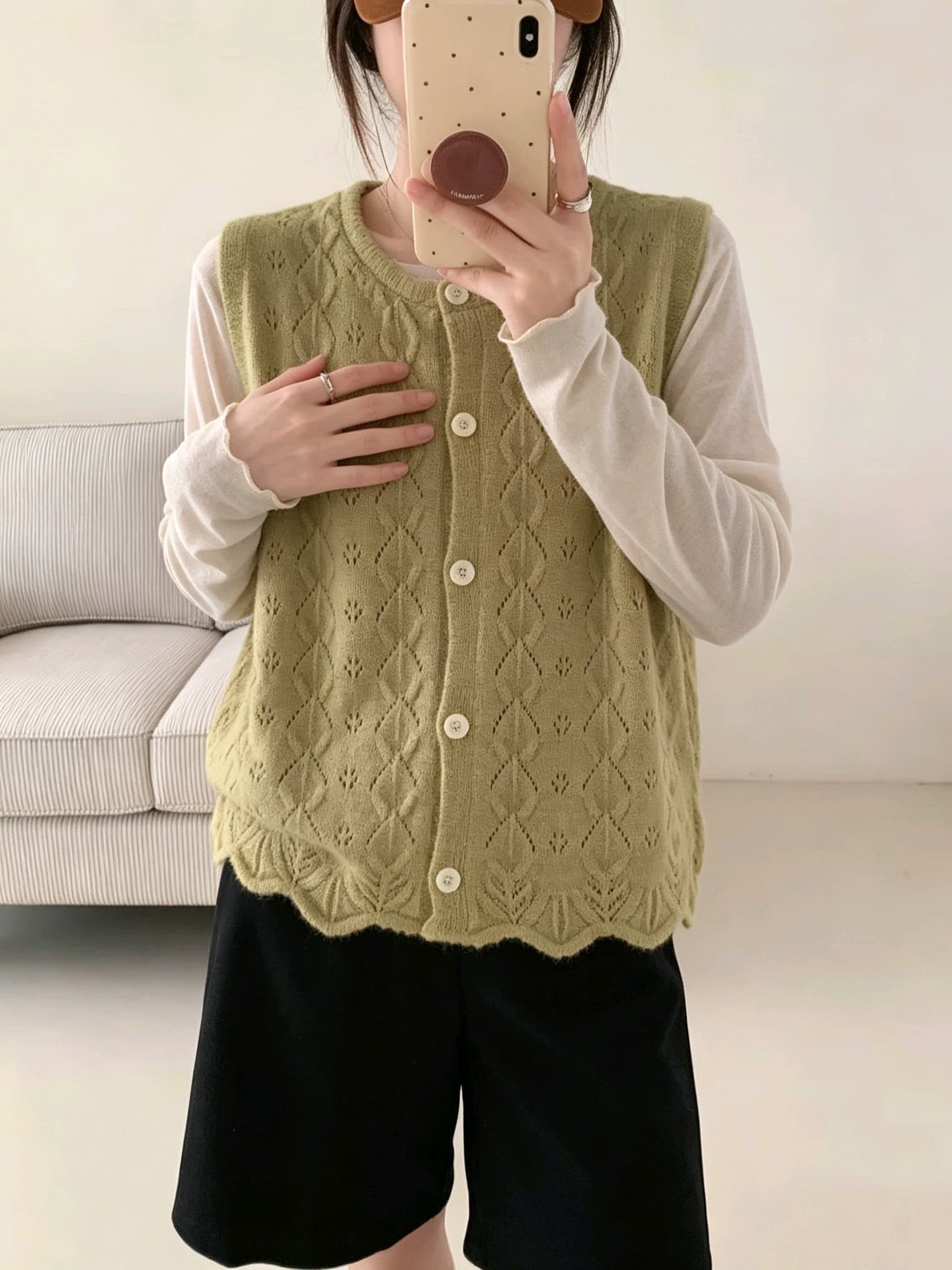 프랑스식 라운드 넥 홀로우 아웃 자수 니트 조끼 여자 화이트 민소매 조끼 패션 맨위 상세 이미지 6