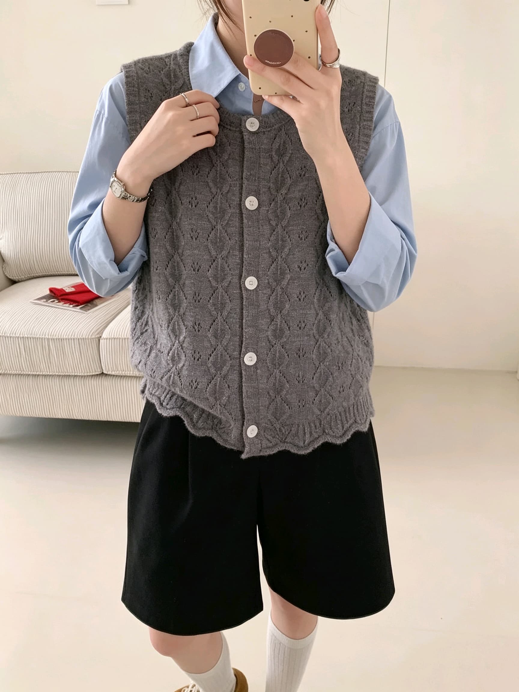 프랑스식 라운드 넥 홀로우 아웃 자수 니트 조끼 여자 화이트 민소매 조끼 패션 맨위 상세 이미지 13