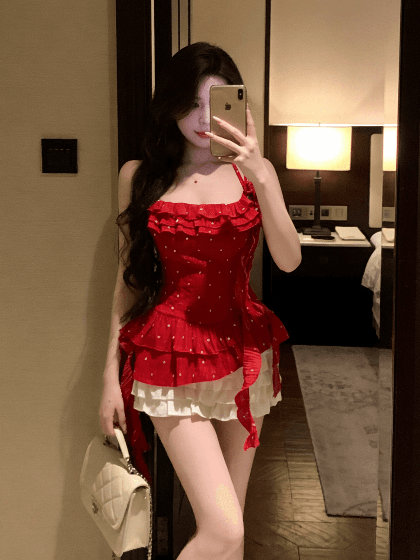실사 프랑스식 레트로 빨간색 슬립 허리 수축 맨위 여성 여름 작은 키 순수한 욕망 바람이 아닙니다. 규칙 리본 맨위 상세 이미지 1