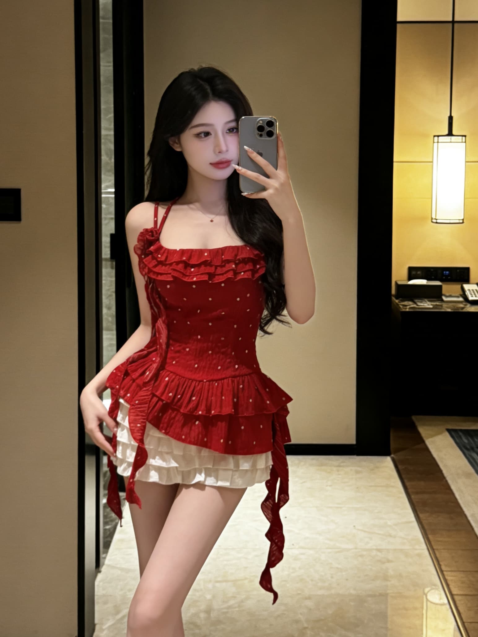 실사 프랑스식 레트로 빨간색 슬립 허리 수축 맨위 여성 여름 작은 키 순수한 욕망 바람이 아닙니다. 규칙 리본 맨위 상세 이미지 2