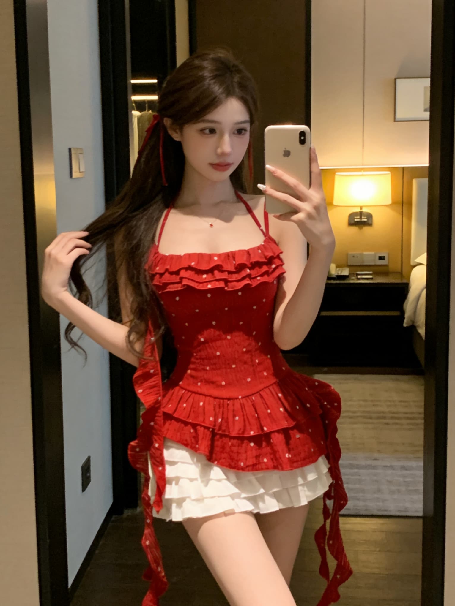 실사 프랑스식 레트로 빨간색 슬립 허리 수축 맨위 여성 여름 작은 키 순수한 욕망 바람이 아닙니다. 규칙 리본 맨위 상세 이미지 3