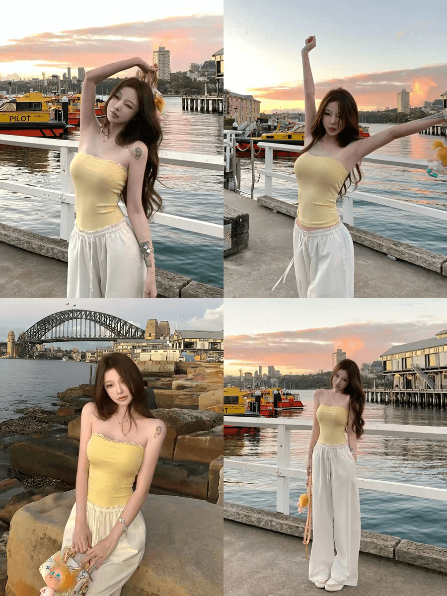suuuicee 캘리포니아 주 한여름 탈착식 가슴 패드 순수한 욕망 레이스 조각 디자인 외출용 튜브탑 작은 맨위 이미지 3