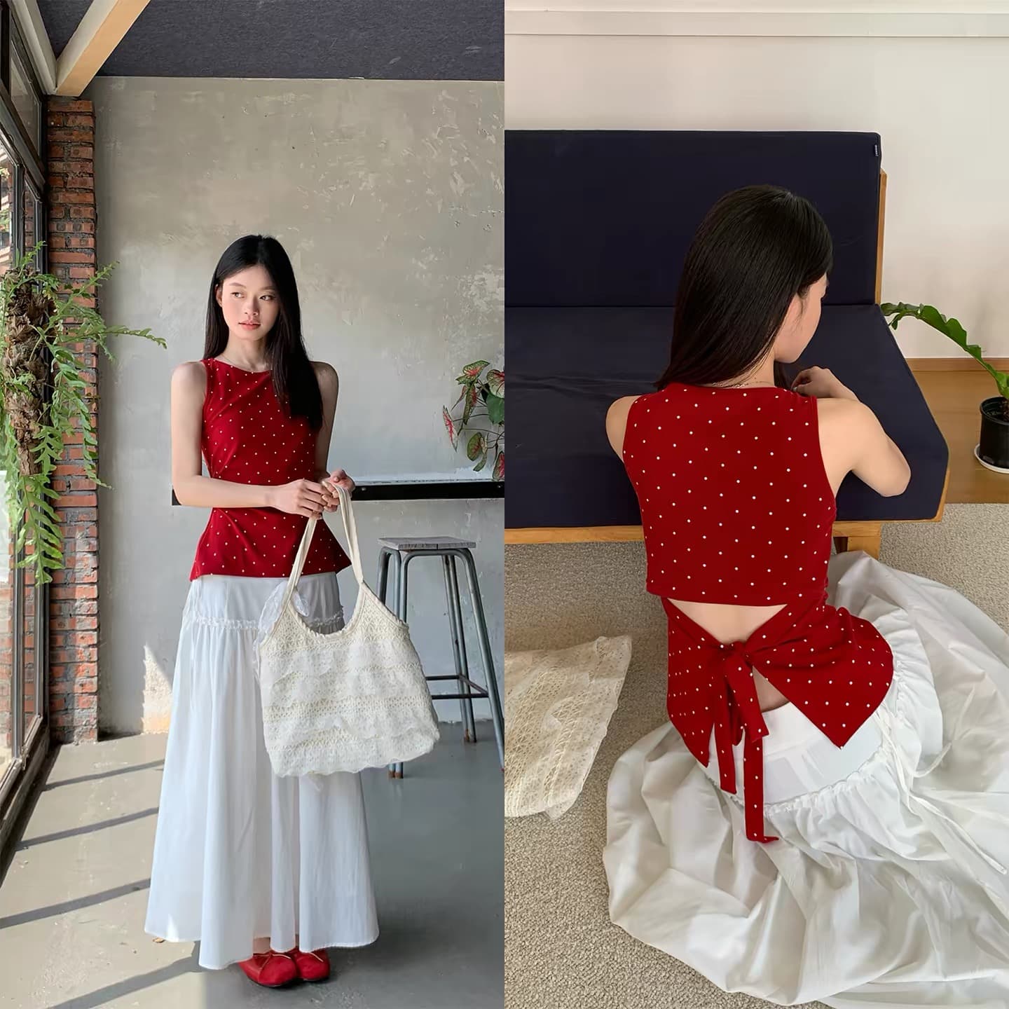 송 긍정적 인 En 한 부서 빨간색 도트 무늬 캐미솔 여름 프랑스식 몸매 가꾸기 인사이드 가져 가라. 외출용 민소매 작은 맨위 이미지 2