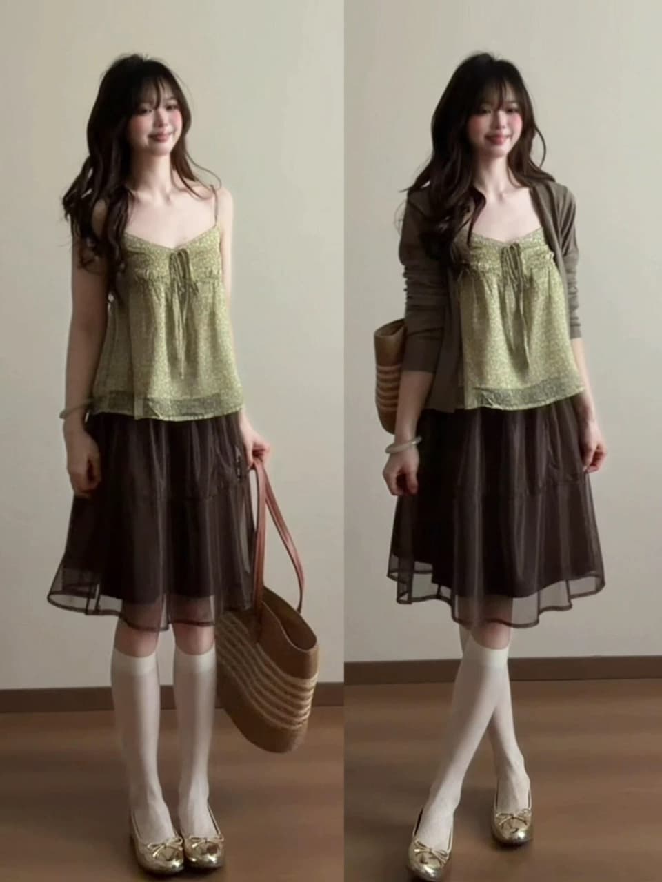 구멍 사실 귀 찮 나 센 부서 작은 청신 녹색 꽃무늬 캐미솔 여름 새로운 V넥 레이스업 민소매 맨위 상세 이미지 6