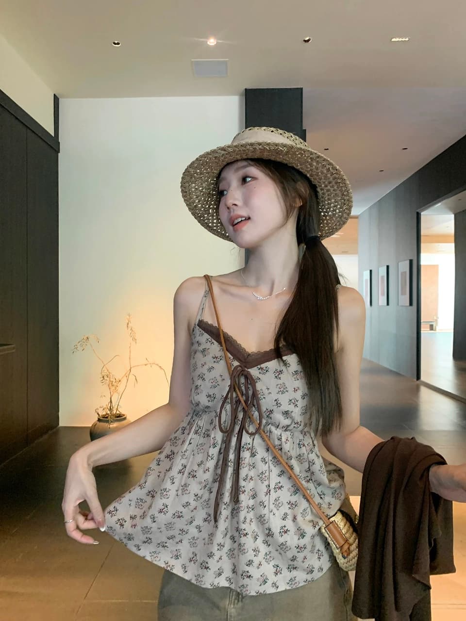우 77 꽃무늬 나비 넥타이 조끼 슬립 여성 미니멀리즘 다용도 나팔 소매 카디건 코트 투피스 슈트 봄 상세 이미지 2