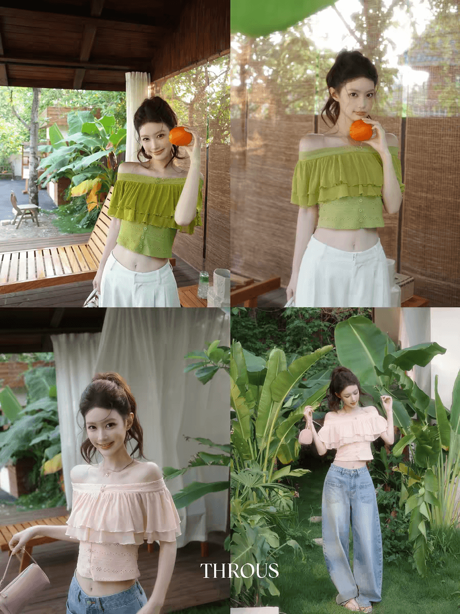감사합니다. 아니요 고기 프릴 오프숄더 쇼트 스타일 티셔츠 여성 여름 캐주얼 바람 계층의 감각 디자인 센스 몸매 가꾸기 맨위 이미지 4