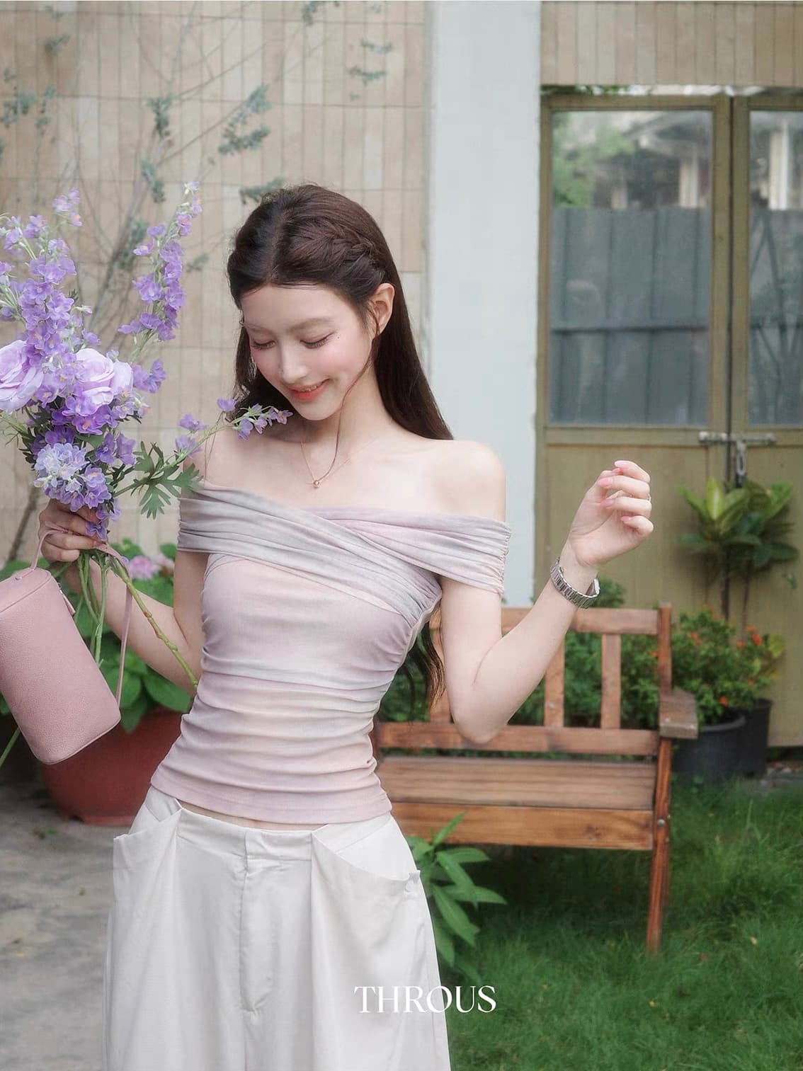 감사합니다. 아니요 고기 오프숄더 헤일로 염색 허리 수축 티셔츠 여성 여름 부드러운 바람 십자가 디자인 센스 몸매 가꾸기 슬림해 보이는 맨위 상세 이미지 1
