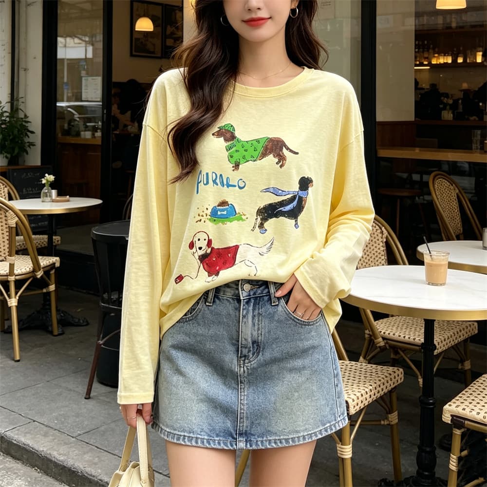 모 확인 강아지 프린트 긴팔 티셔츠 여성 2026 봄 새로운 한 부서 느긋한 느슨함 센스 루즈핏 슬림해 보이는 맨위 이미지 6