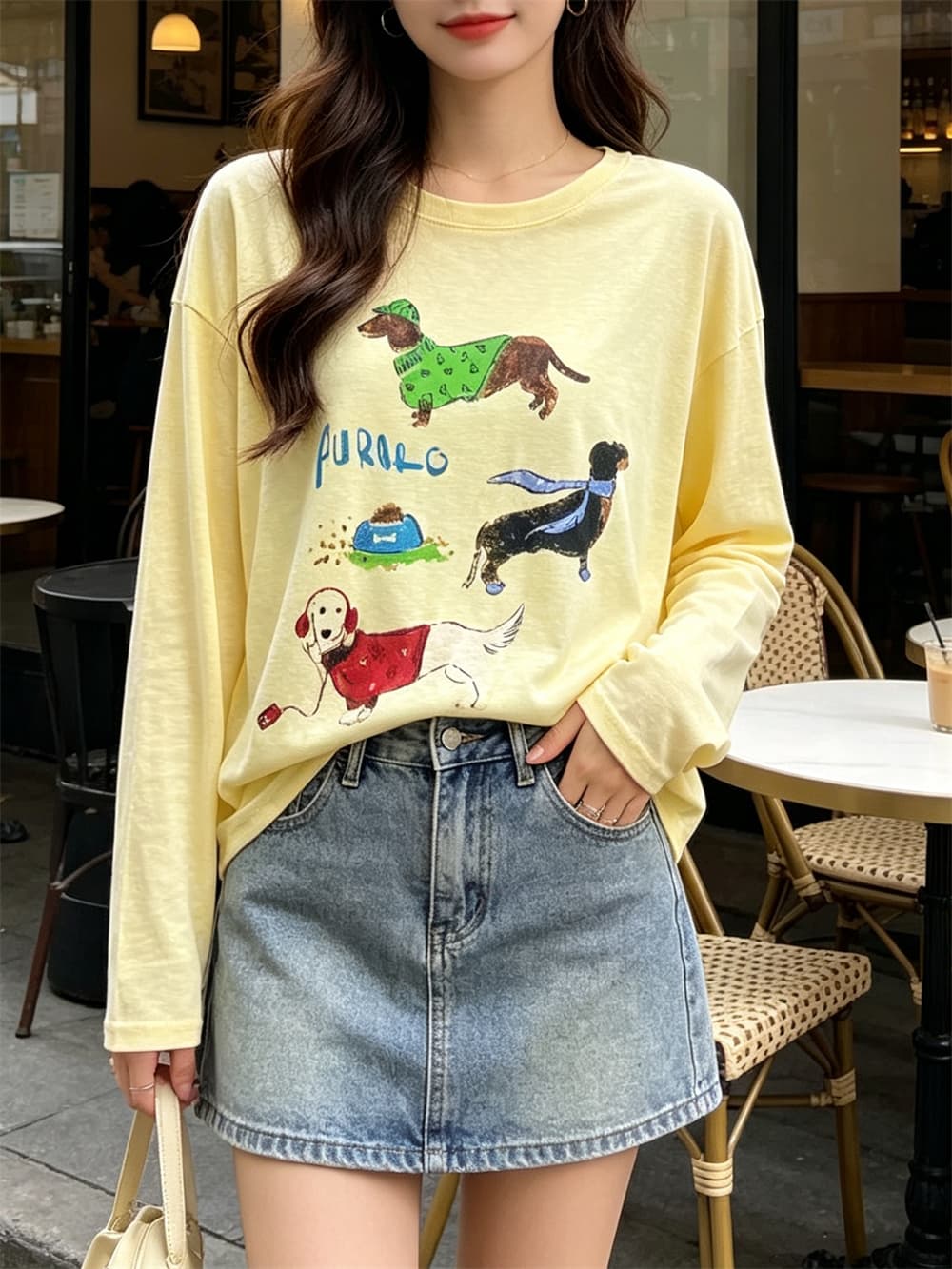 모 확인 강아지 프린트 긴팔 티셔츠 여성 2026 봄 새로운 한 부서 느긋한 느슨함 센스 루즈핏 슬림해 보이는 맨위 상세 이미지 33