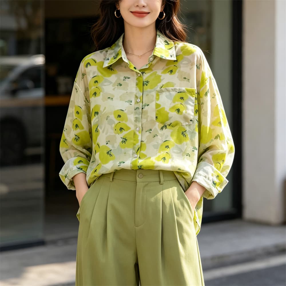 실사 있음 선적 봄 여름 전원 바람 프린트 셔츠 여성 긴 소매 폴로 칼라 싱글 주머니 셔츠 자외선 차단 맨위 상세 이미지 26