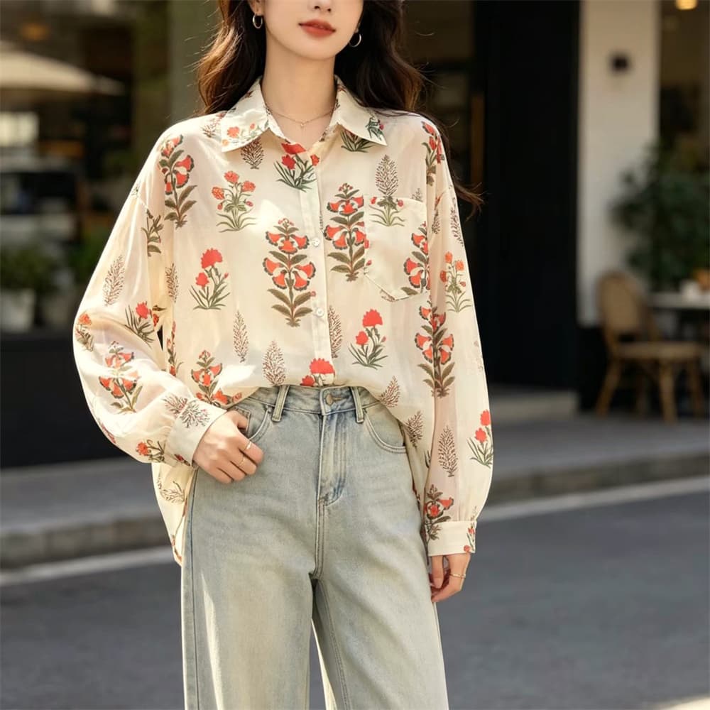 실사 있음 선적 휴가 바람 꽃무늬 셔츠 여름 새로운 한국 스타일 폴로 칼라 단순한 패션 긴팔 국방 사이 맨위 상세 이미지 21
