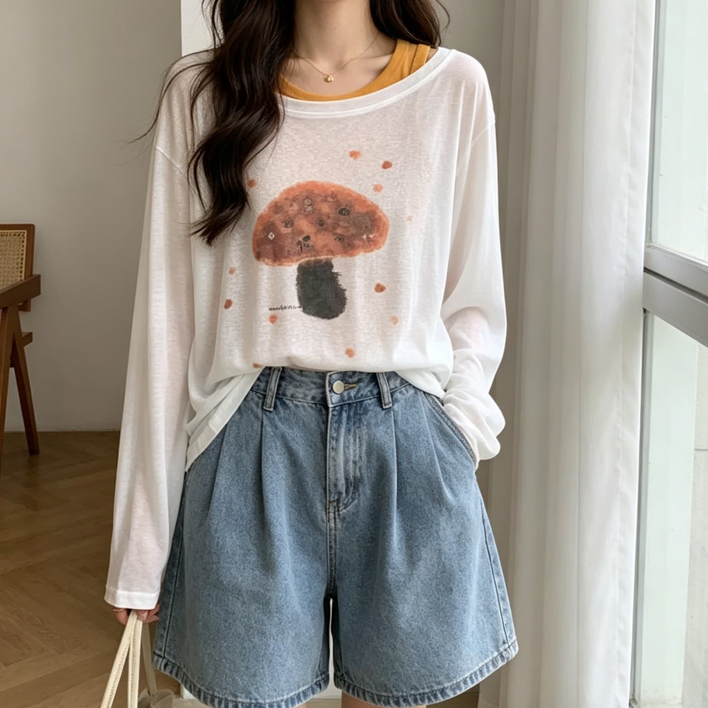 실사 녹색 루즈핏 프린트 긴팔 라운드 넥 티셔츠 여성 여름 여름 착용 가져 가라. 자외선 차단 그레이트 봐 의류 상세 이미지 7