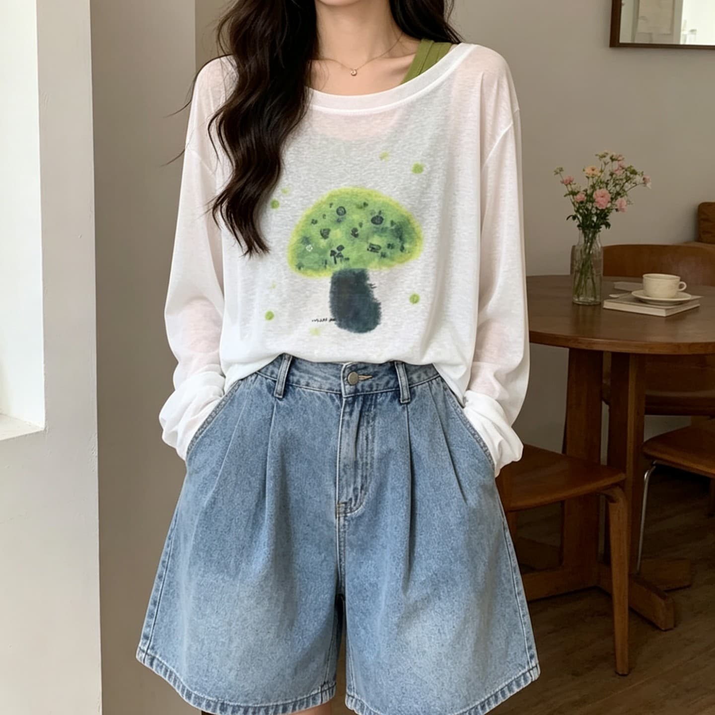 실사 녹색 루즈핏 프린트 긴팔 라운드 넥 티셔츠 여성 여름 여름 착용 가져 가라. 자외선 차단 그레이트 봐 의류 상세 이미지 11