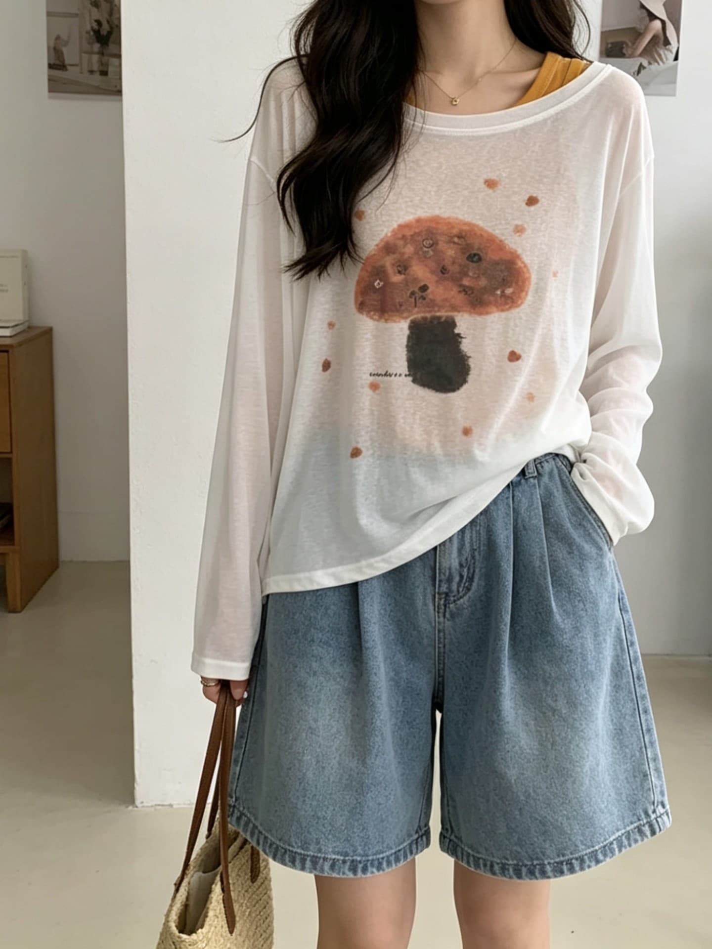 실사 녹색 루즈핏 프린트 긴팔 라운드 넥 티셔츠 여성 여름 여름 착용 가져 가라. 자외선 차단 그레이트 봐 의류 상세 이미지 16