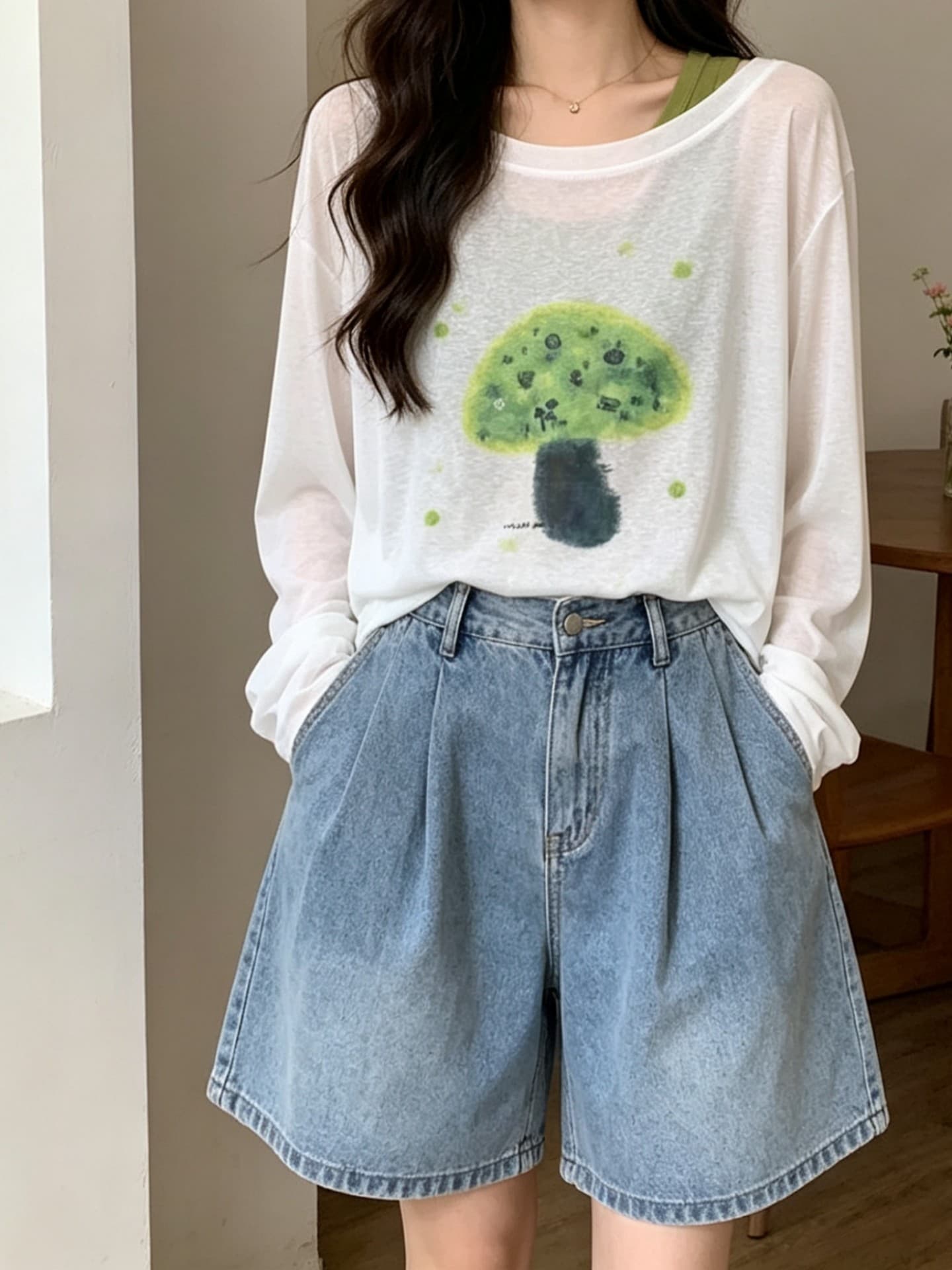 실사 녹색 루즈핏 프린트 긴팔 라운드 넥 티셔츠 여성 여름 여름 착용 가져 가라. 자외선 차단 그레이트 봐 의류 상세 이미지 18