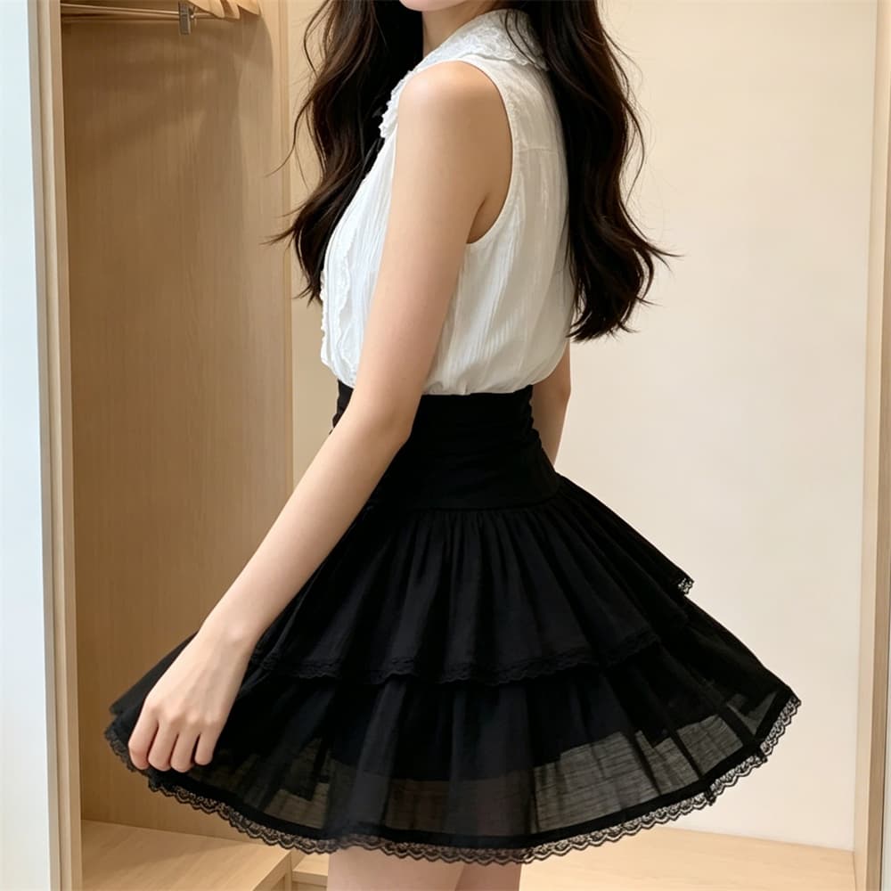 실사 목이버섯 레이스 폴로 칼라 민소매 여성 셔츠 여름 부드러운 바람 달콤함 몸매 가꾸기 맨위 하이웨이스트 반신 치마 세트 상세 이미지 7