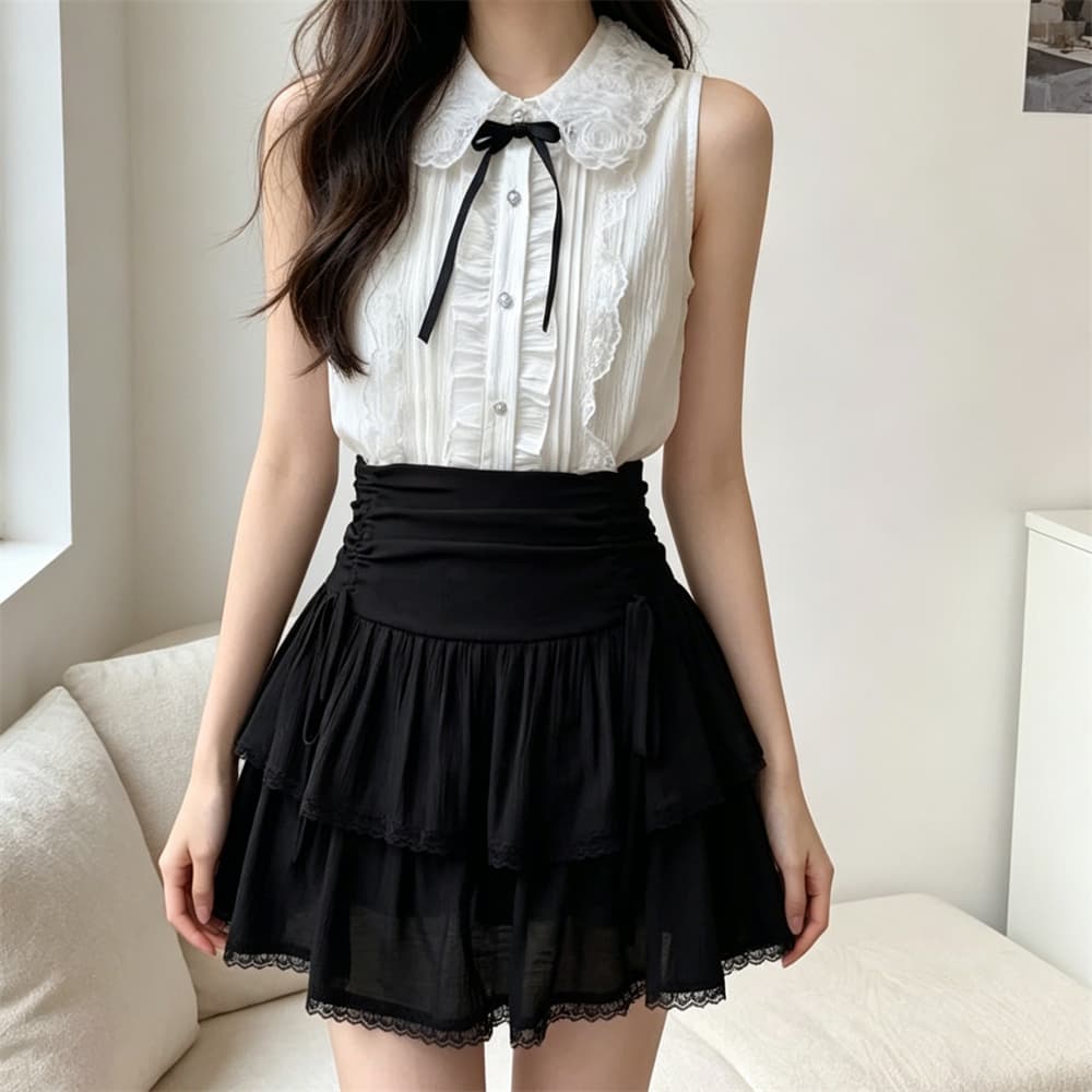 실사 목이버섯 레이스 폴로 칼라 민소매 여성 셔츠 여름 부드러운 바람 달콤함 몸매 가꾸기 맨위 하이웨이스트 반신 치마 세트 상세 이미지 10