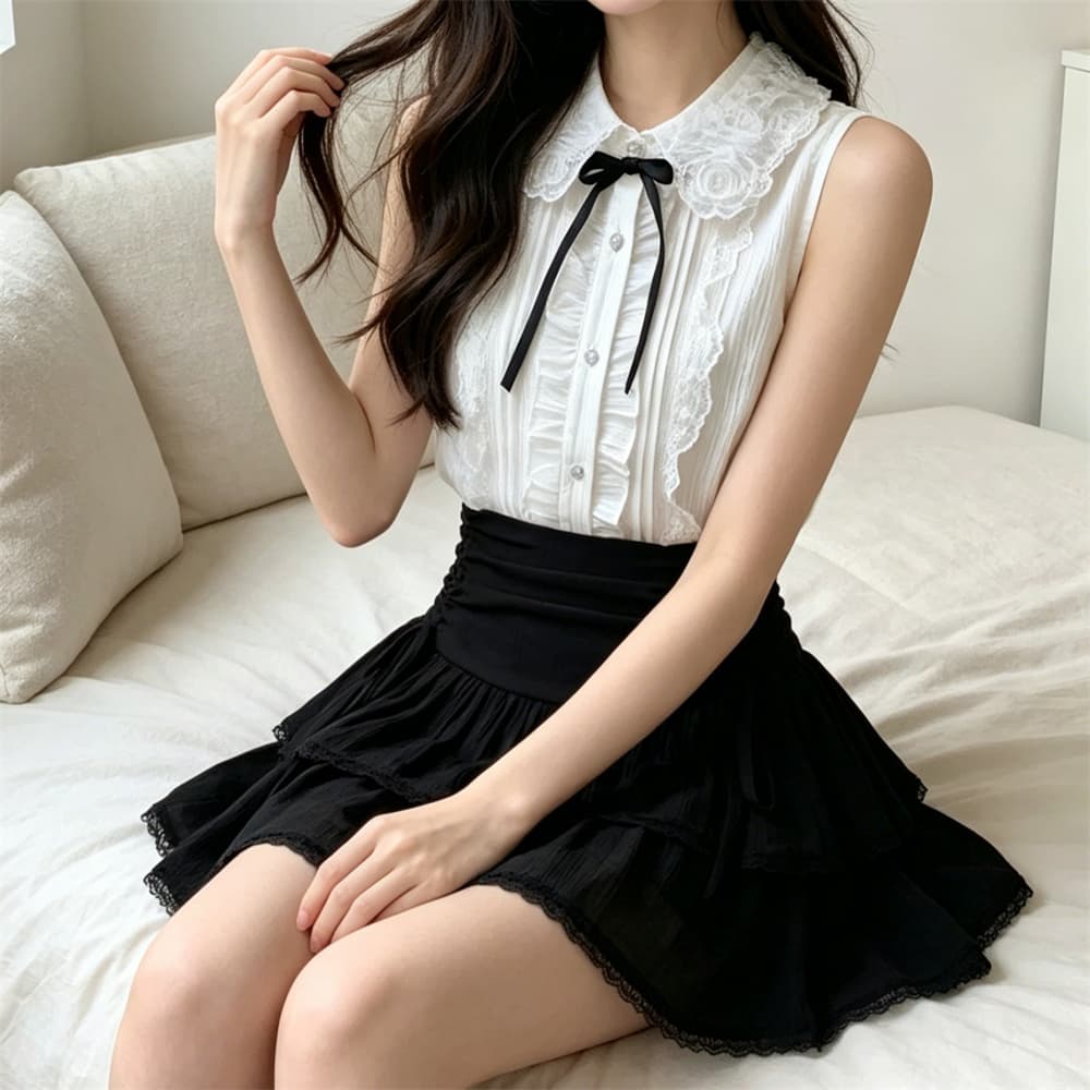 실사 목이버섯 레이스 폴로 칼라 민소매 여성 셔츠 여름 부드러운 바람 달콤함 몸매 가꾸기 맨위 하이웨이스트 반신 치마 세트 상세 이미지 11