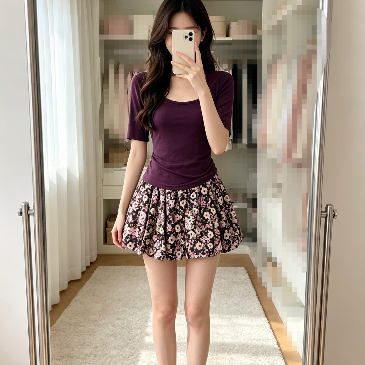 실사 품격 광장 칼라 패키지 어깨 반소매 티셔츠 몸매 가꾸기 슬림해 보이는 맨위 하이웨이스트 슬림해 보이는 꽃무늬 꽃밭 반 스커트 세트 상세 이미지 3