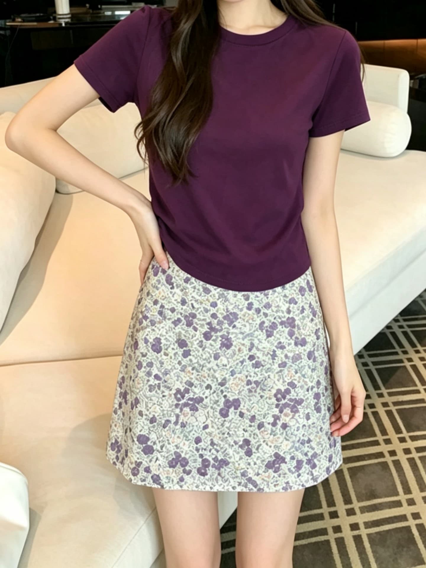실사 한 부서 여름 뒤로 트임 비틀림 작은 대중 디자인 맨위 신선함 꽃무늬 반신 치마 세트 여성 이미지 3