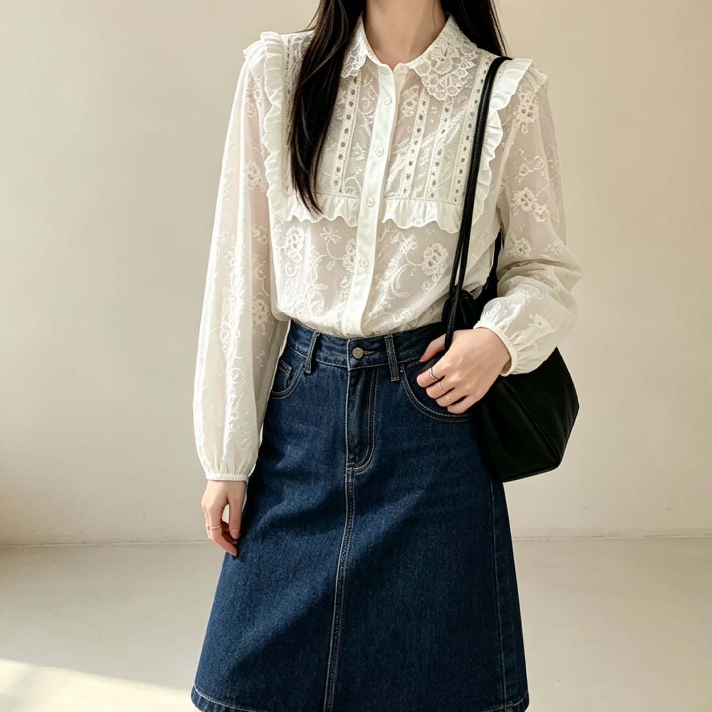 실사 프랑스식 화이트 긴팔 여성 셔츠 가을 레이스 조각 miu 부서 셔츠 루즈핏 학원 스타일 맨위 상세 이미지 3