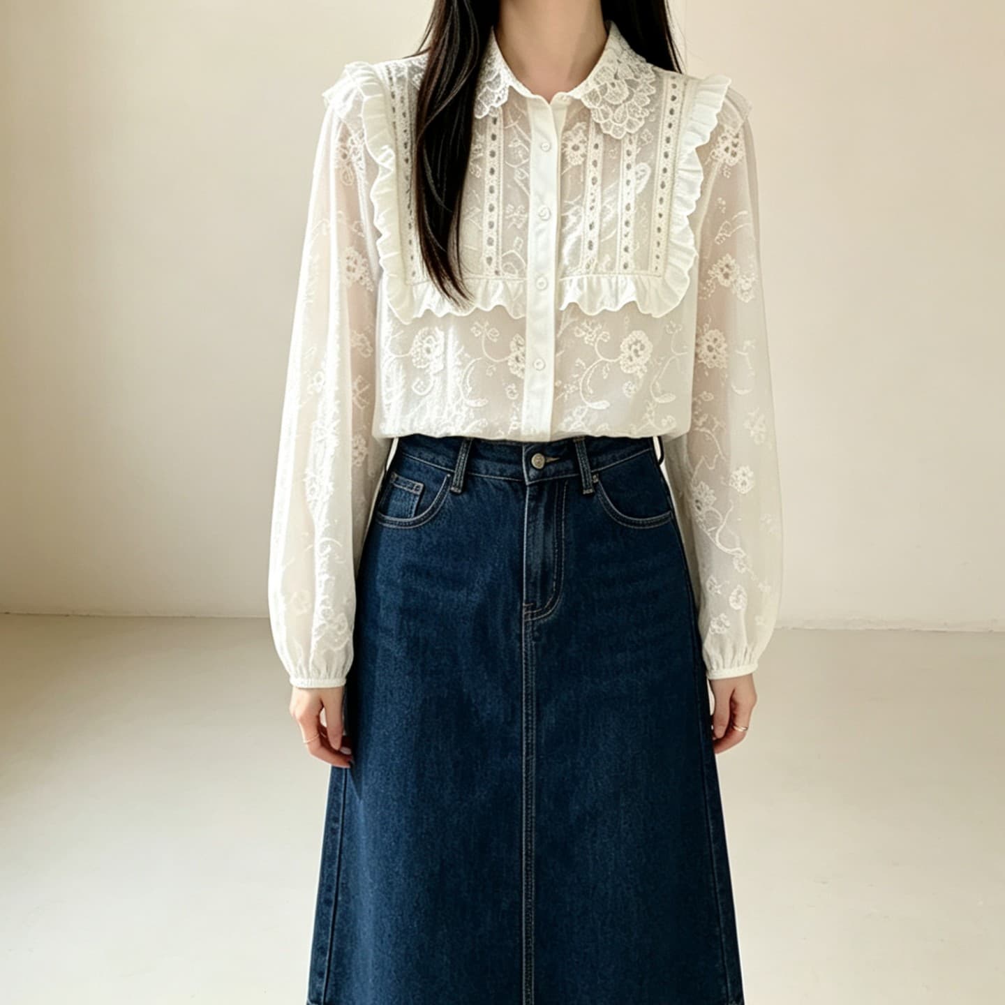 실사 프랑스식 화이트 긴팔 여성 셔츠 가을 레이스 조각 miu 부서 셔츠 루즈핏 학원 스타일 맨위 상세 이미지 4
